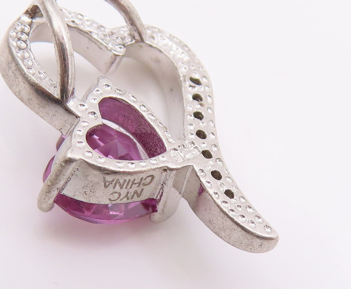 925 Sterling Silver Vintage Pendant Amethyst & CZ Stretched Love Heart  PT24917