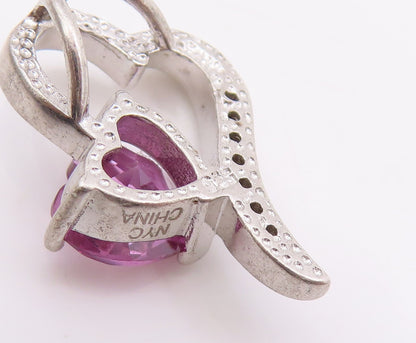 925 Sterling Silver Vintage Pendant Amethyst & CZ Stretched Love Heart  PT24917