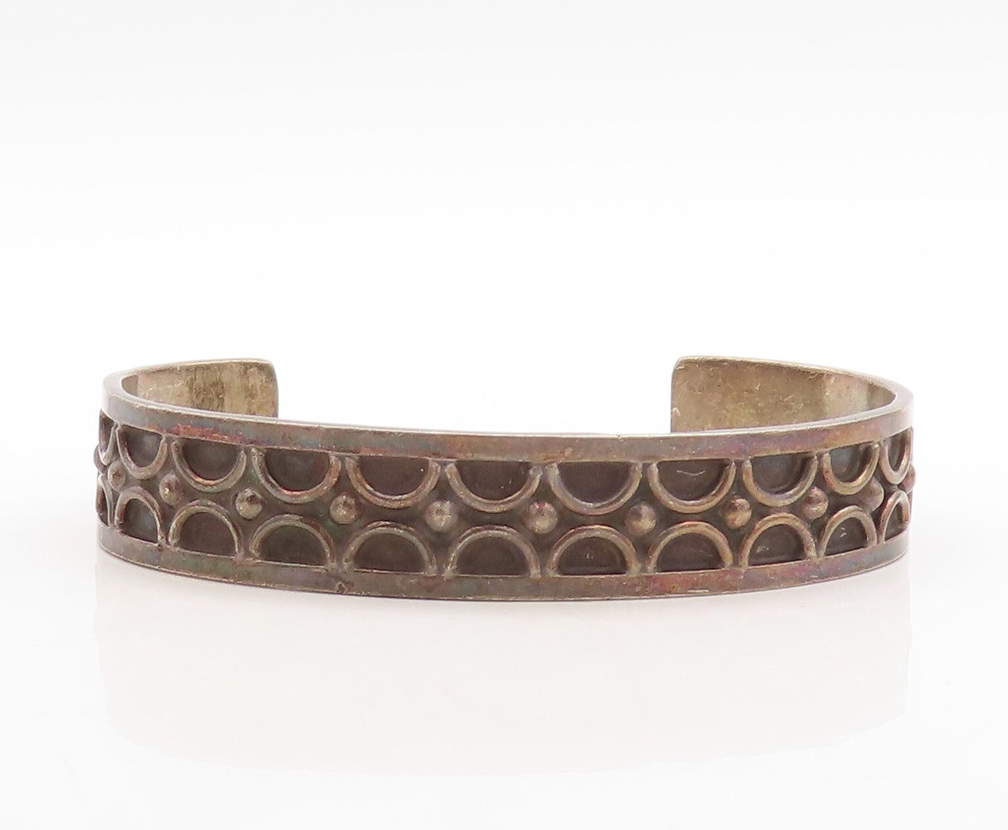 925 Sterling Silver Vintage Bracelet MEXICO Semi Circles Carved Cuff  BT10956