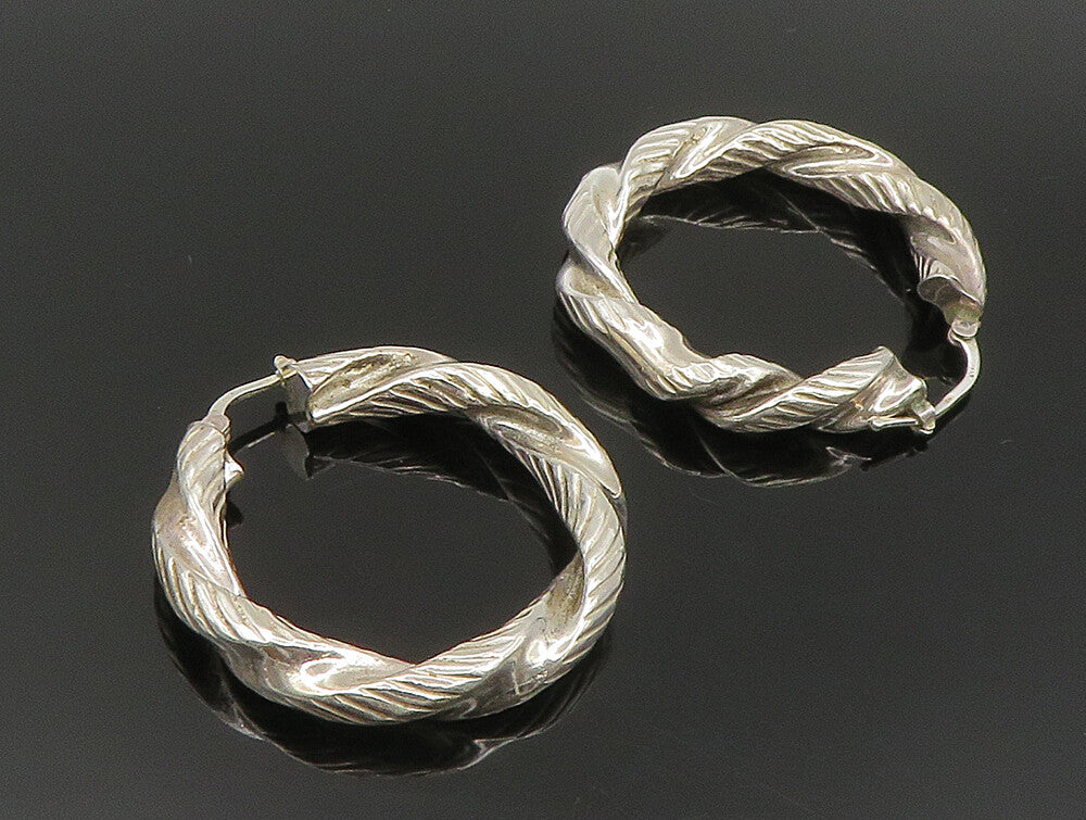 925 Sterling Silver  Vintage Etched Rope Twist Hoop Earrings  EG11581