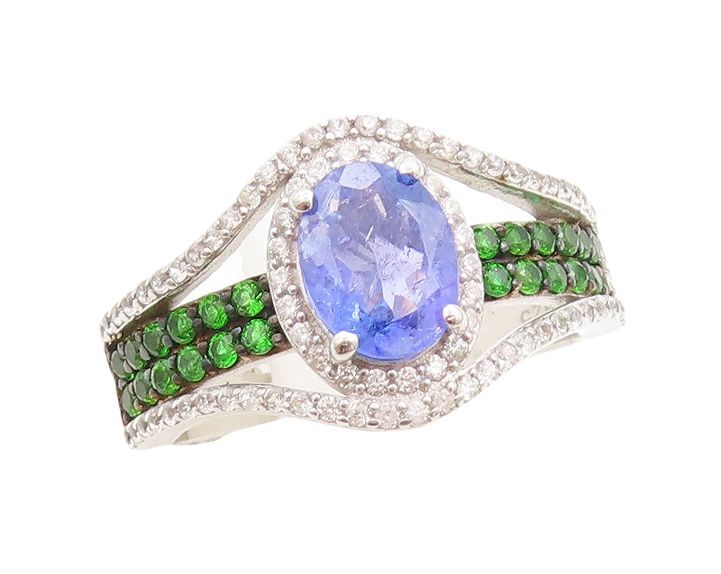 925 Sterling Silver Vintage Ring Oval Sapphire & 2 Tone CZ Band  Sz 8  RG30703