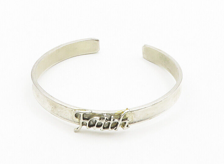 925 Sterling Silver  Vintage Shiny Faith Smooth Cuff Bracelet  BT7876