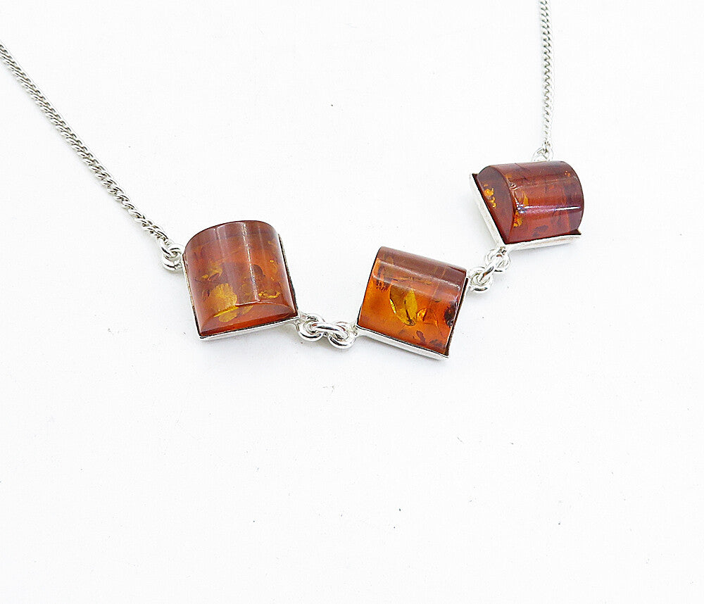 925 Sterling Silver Amber 3 Stone Shiny Thin Curb Link Chain Necklace NE1087