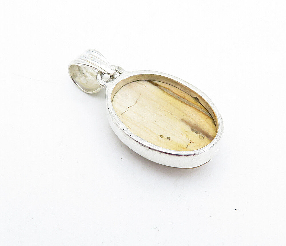 925 Sterling Silver  Vintage Cabochon Cut Brown Jasper Oval Pendant  PT3091