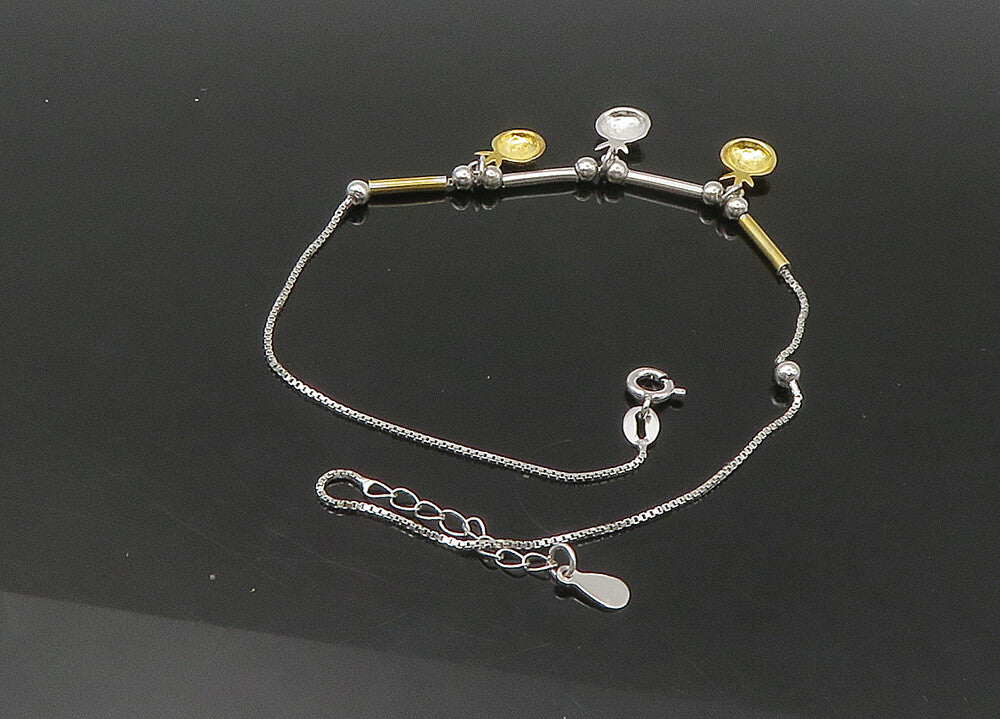 925 Sterling Silver  Vintage Shiny Two Tone Charmed Chain Bracelet  BT8750
