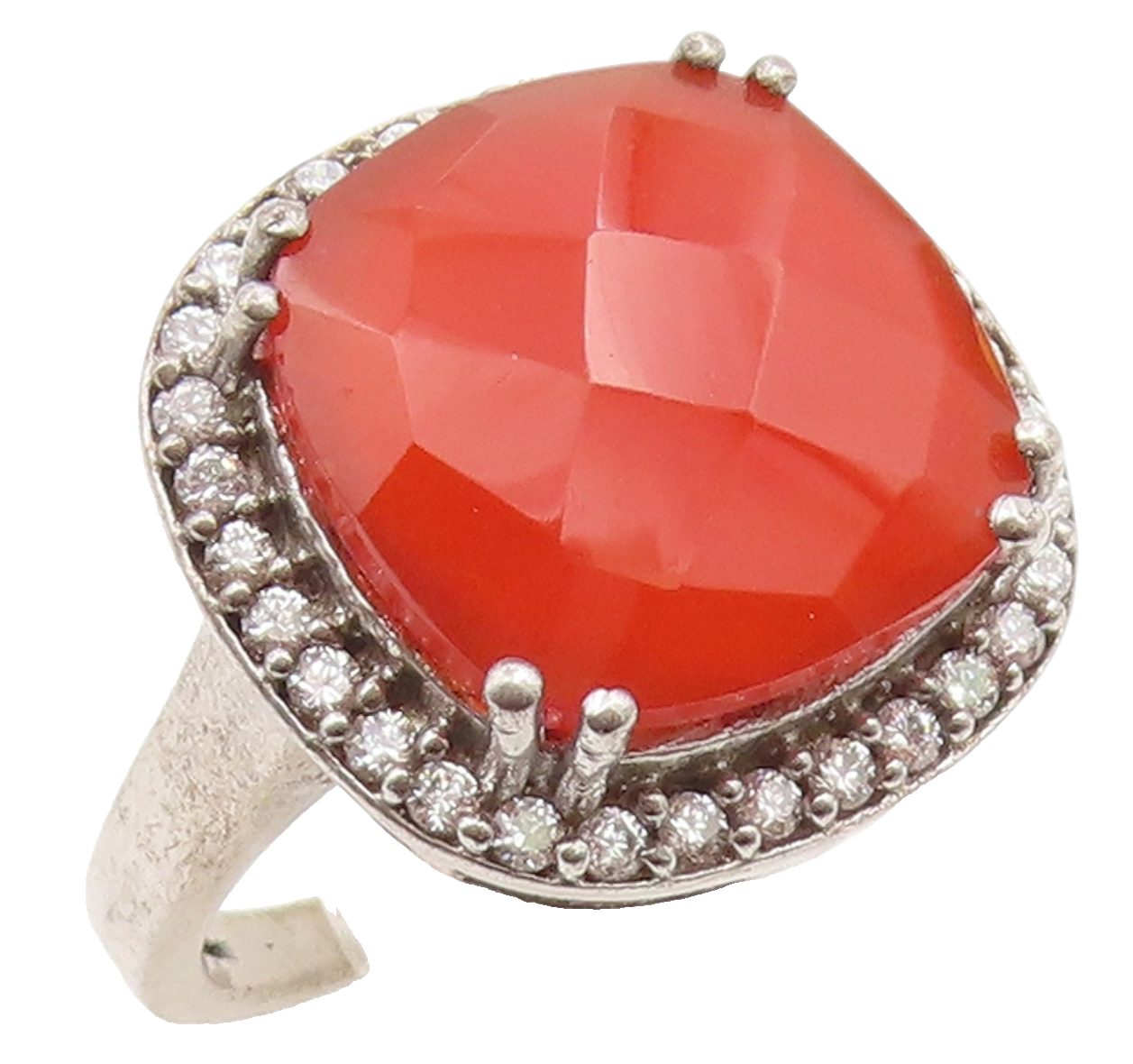 925 Sterling Silver Vintage Ring Faceted Carnelian Halo CZ Band  Sz 7.5  RG36552
