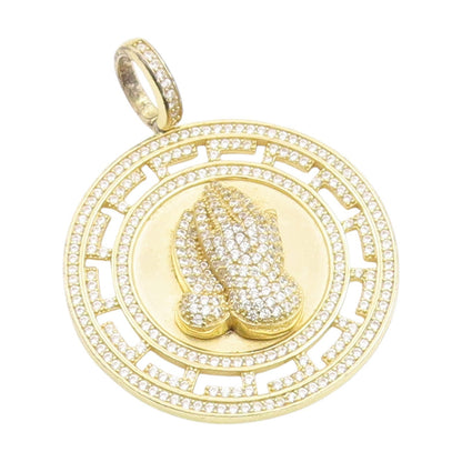 925 Sterling Silver Vintage Pendant Gold Plated CZ Praying Hands Medal   PT25259