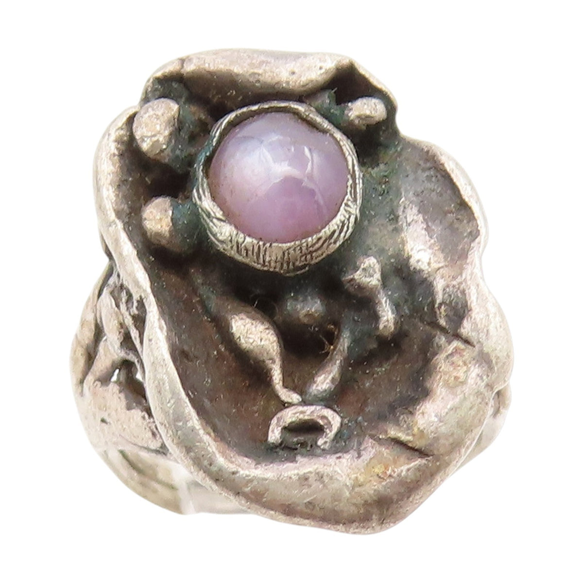 925 Sterling Silver Vintage Ring Cabochon Amethyst Brutalist Band  Sz 4  RG34619