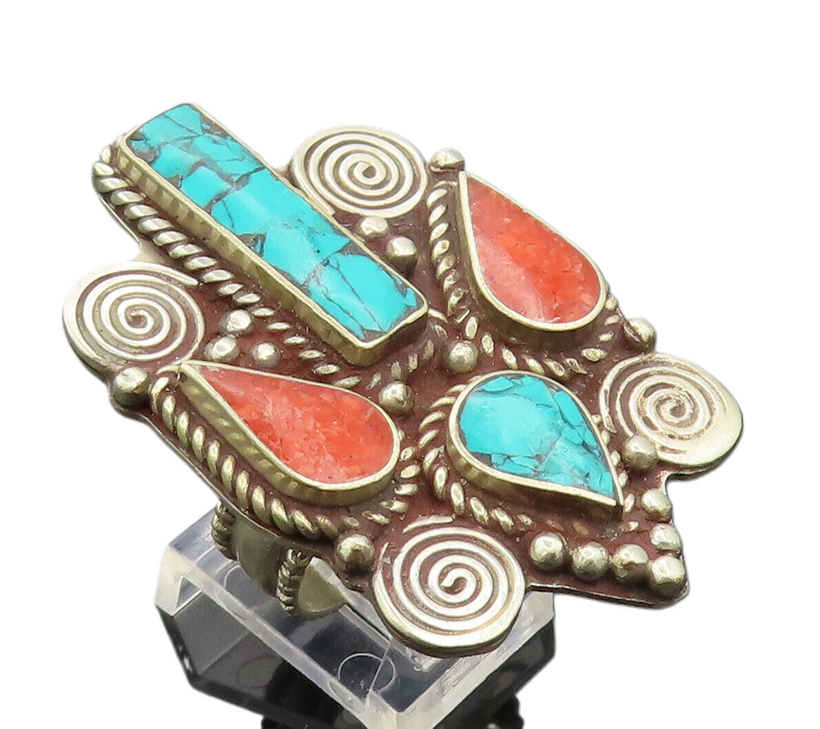 925 Silver  Vintage Large Swirly & beaded Carved Turquoise Ring Sz 8  RG26892