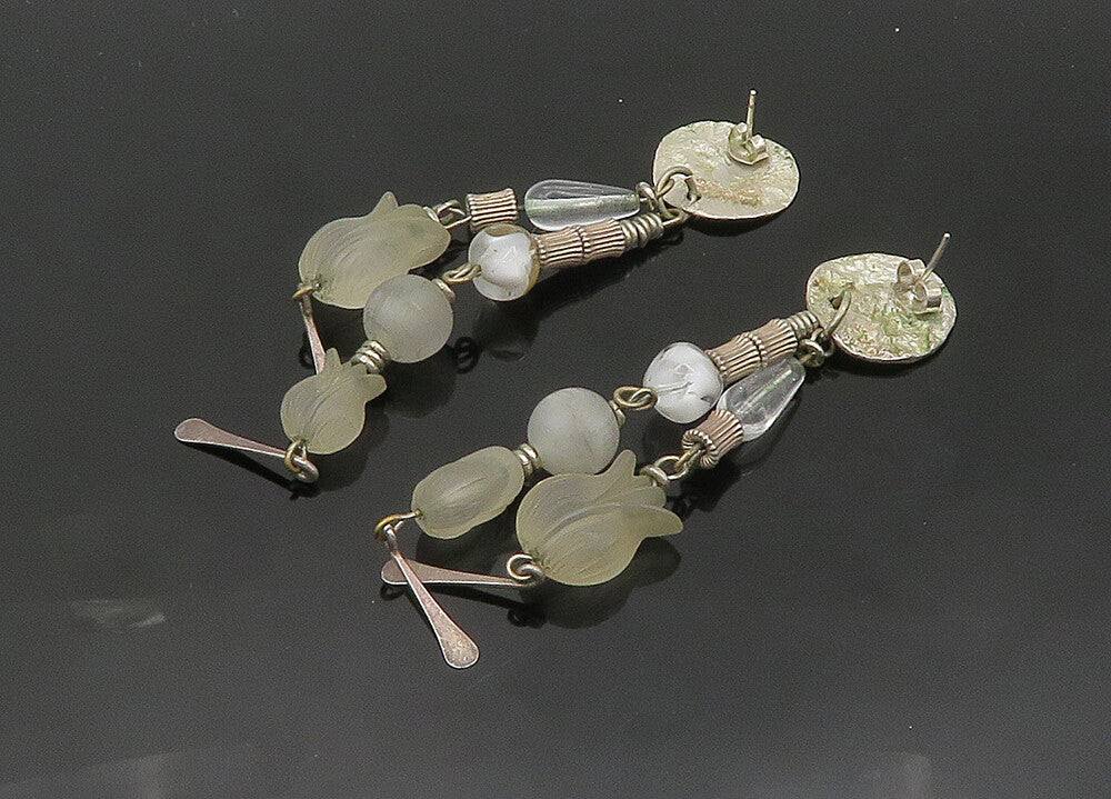 925 Sterling Silver  Vintage Quartz Flower Beaded Dangle Earrings  EG10278
