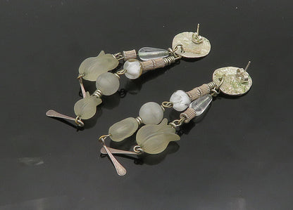 925 Sterling Silver  Vintage Quartz Flower Beaded Dangle Earrings  EG10278