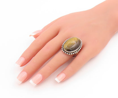 925 Sterling Silver Vintage Ring Large Tiger's Eye Beaded Edge  Sz 12  RG34146