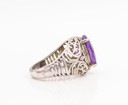 925 Sterling Silver Vintage Ring Amethyst Open Scrollwork Band  Sz 7.5  RG34788