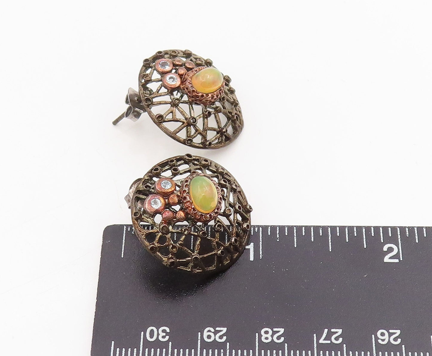925 Sterling Silver Vintage Earrings Fire Opal & CZ Round Openwork Stud  EG13828