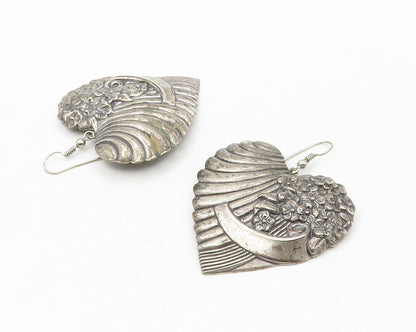 925 Sterling Silver  Vintage Floral Love Heart Oxidized Dangle Earrings EG7041