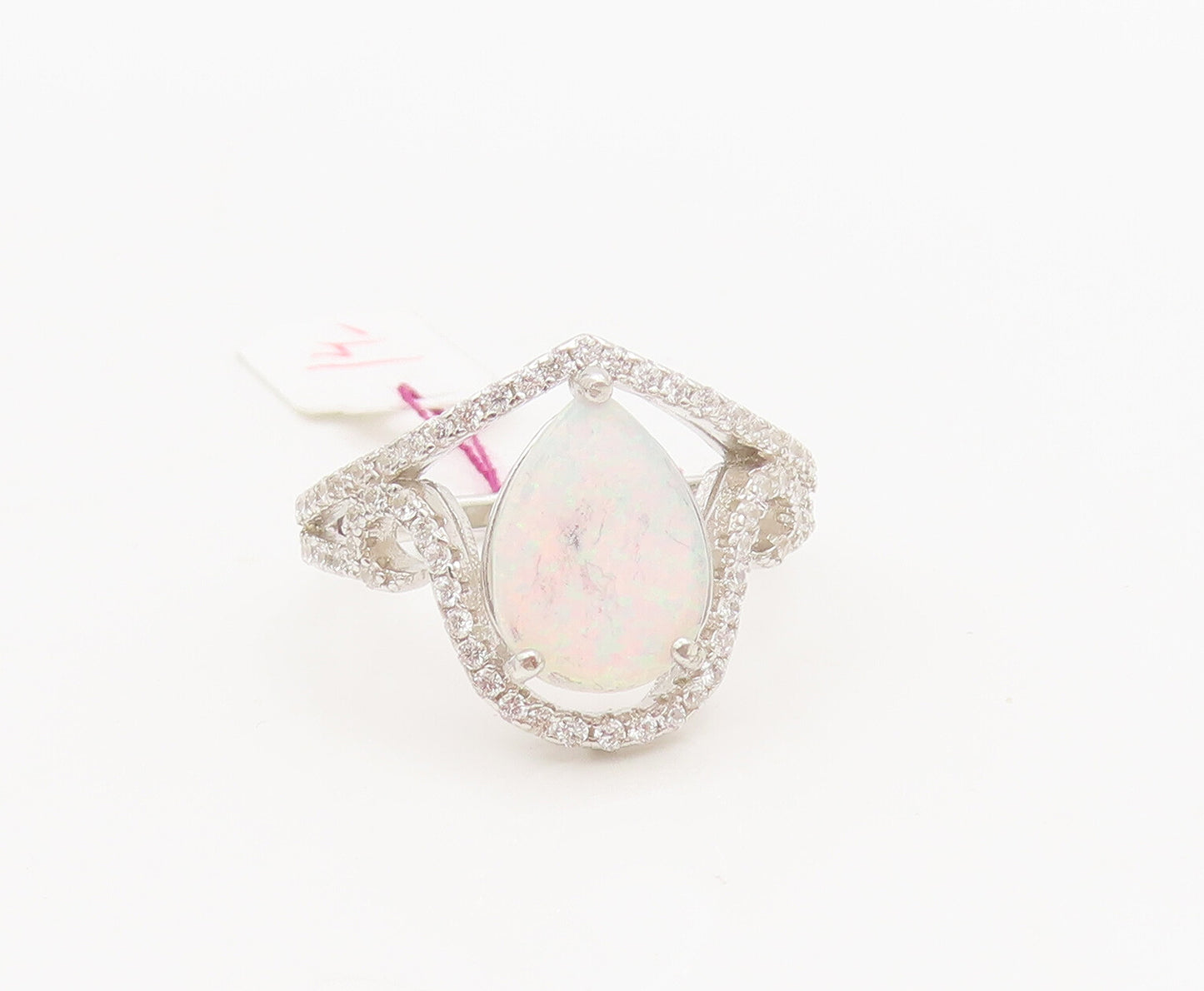 925 Silver  Vintage Pear Fire Opal & Swirly CZ Band Cutout Ring Sz 6  RG26756