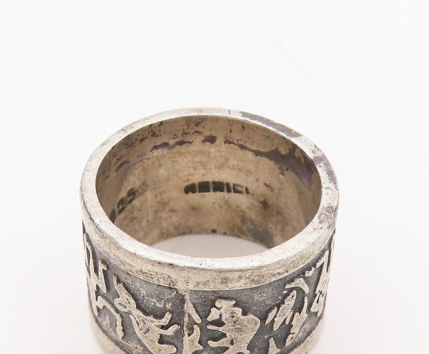 925 Sterling Silver Vintage Ring MEXICO Solid Trible Life Carved  Sz 6  RG31004