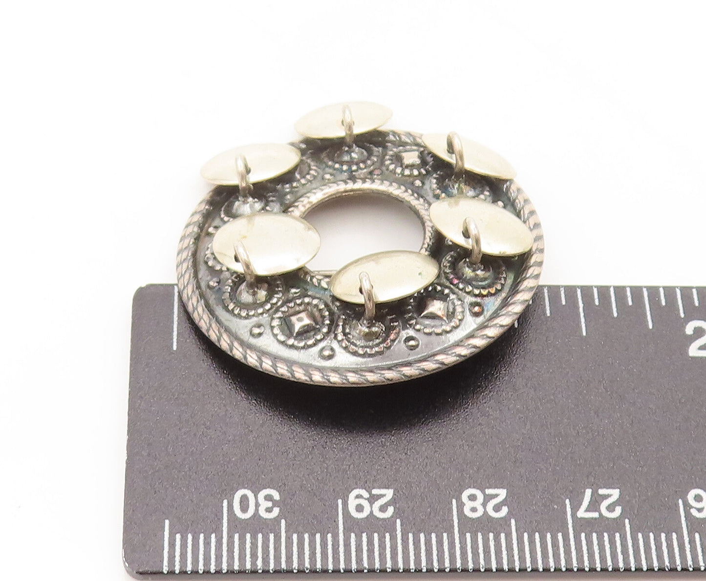 NORWAY 925 Silver  Vintage Solid Twisted Rope Carved Round Brooch Pin  BP10496