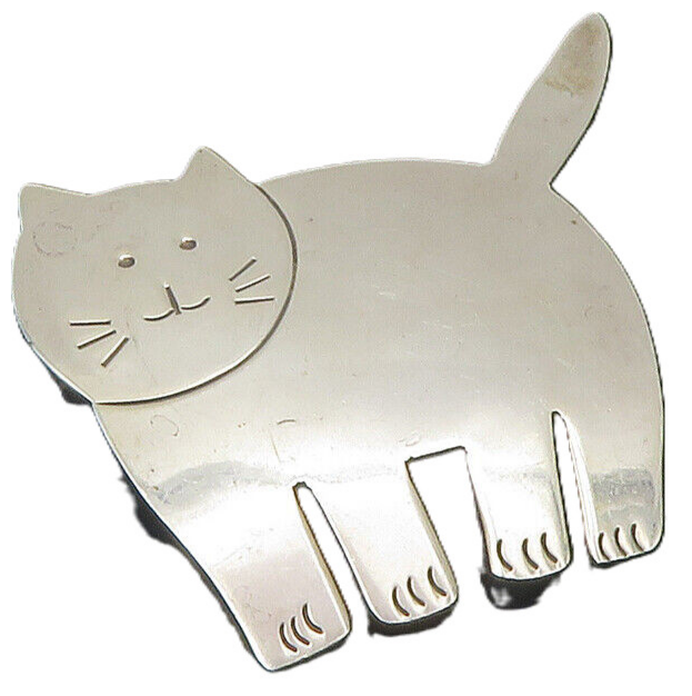 925 Sterling Silver  Vintage Shiny Etched Cat Motif Animal Brooch Pin  BP4348