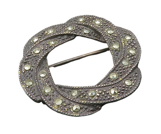 925 Sterling Silver  Vintage Marcasite Open Circle Oxidized Brooch Pin  BP6350