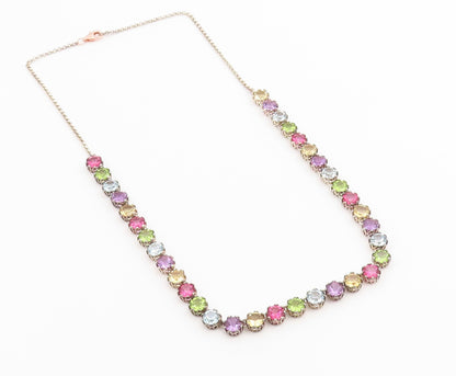 925 Sterling Silver Vintage Necklace Multi Gemstone Tennis Link Chain  NE4906