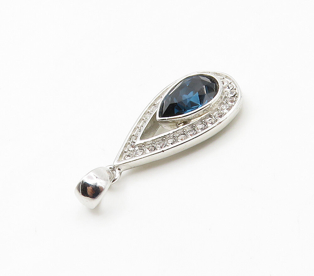 925 Sterling Silver  Shiny Blue & White Topaz Tear Drop Pendant  PT12811