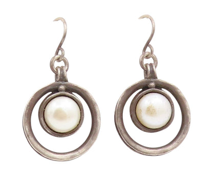 925 Sterling Silver Vintage Earrings ISRAEL Pearl Open Circle Dangle  EG14090
