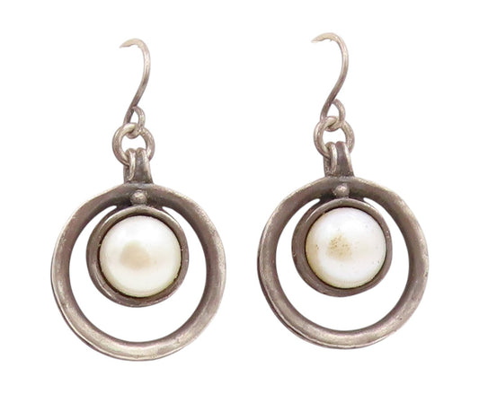 925 Sterling Silver Vintage Earrings ISRAEL Pearl Open Circle Dangle  EG14090