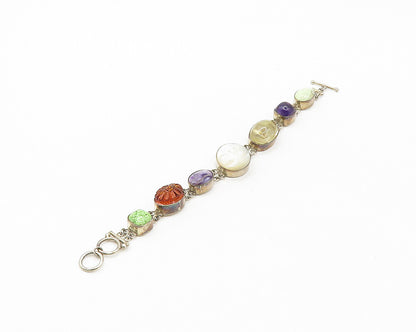 925 Silver Vintage Mother Of Pearl Quartz & Multi Stone Chain Bracelet BT6852