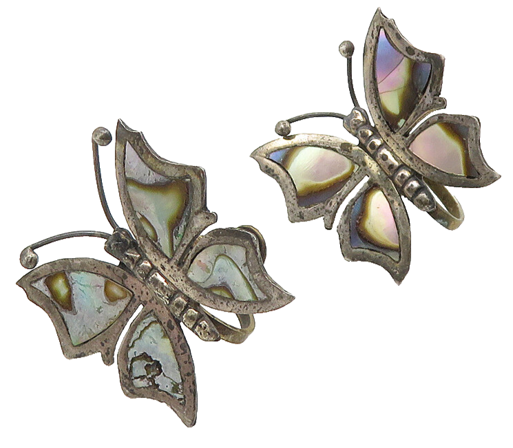 ECM MEXICO 925 Silver  Vintage Abalone Butterfly Non Pierce Earrings  EG5859