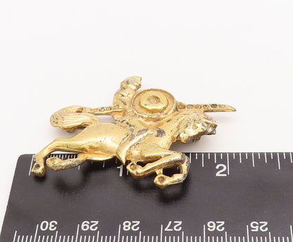 925 Sterling Silver Vintage Brooch Pin Gold Plated Warrior On Horse  BP11079