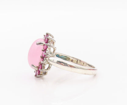 925 Sterling Silver Vintage Ring Cabochon Gemstone Halo Pink CZ  SZ 8  RG32034