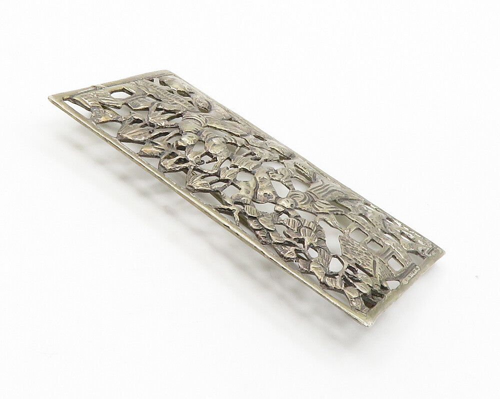 925 Sterling Silver  Vintage Cutout People Scene Square Brooch Pin  BP5624