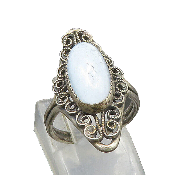925 Sterling Silver  Vintage Blue Chalcedony Cocktail Ring Sz 5  RG21805
