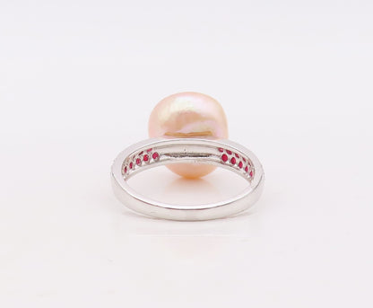 925 Sterling Silver Vintage Ring Amorphas Pearl Ruby Inlay Band  Sz 8  RG29914