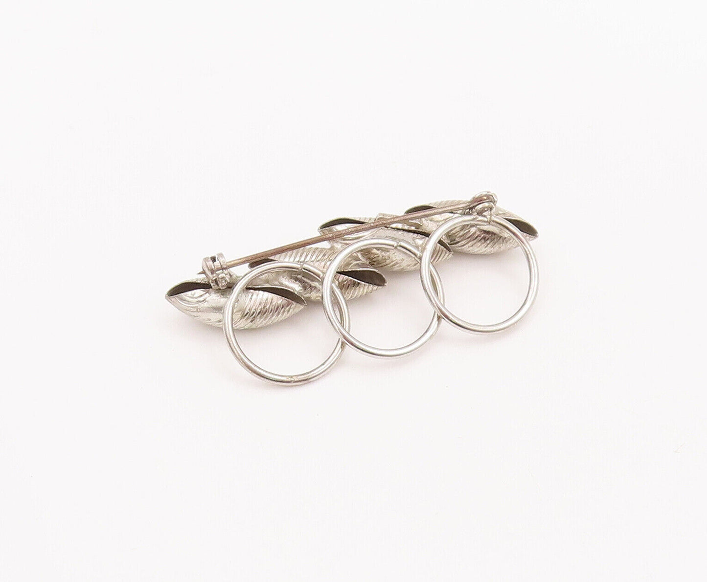 925 Sterling Silver Vintage Brooch Pin Designer Rings & Grooved Leaves  BP10885