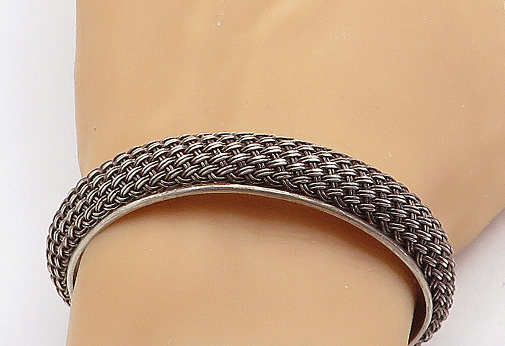 925 Sterling Silver  Vintage Dark Tone Basket Weave Cuff Bracelet  BT1428