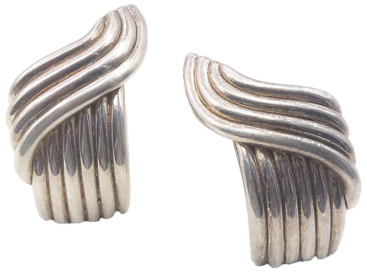 925 Sterling Silver  Vintage Modernist Sculpted Non Pierce Earrings  EG5966