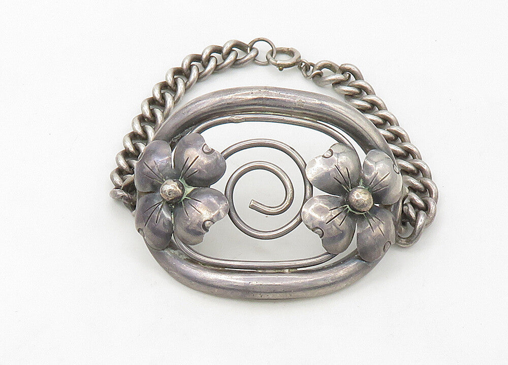 925 Sterling Silver  Vintage Antique Floral Open Spiral Chain Bracelet  BT8521
