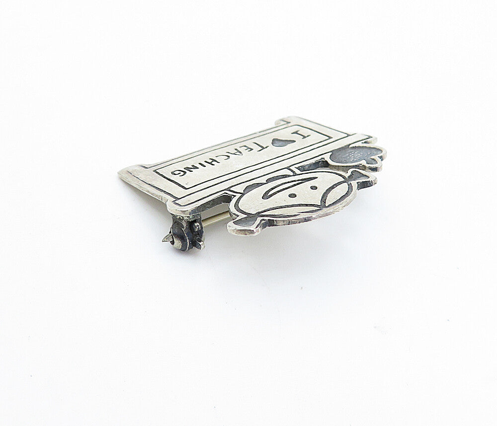 MEXICO 925 Sterling Silver  Vintage I Love Teaching Oxidized Brooch Pin BP1088
