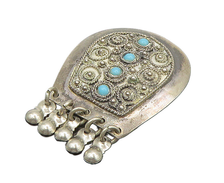 ISRAEL 925 Sterling Silver  Vintage Turquoise Ornate Twist Brooch Pin  BP7260