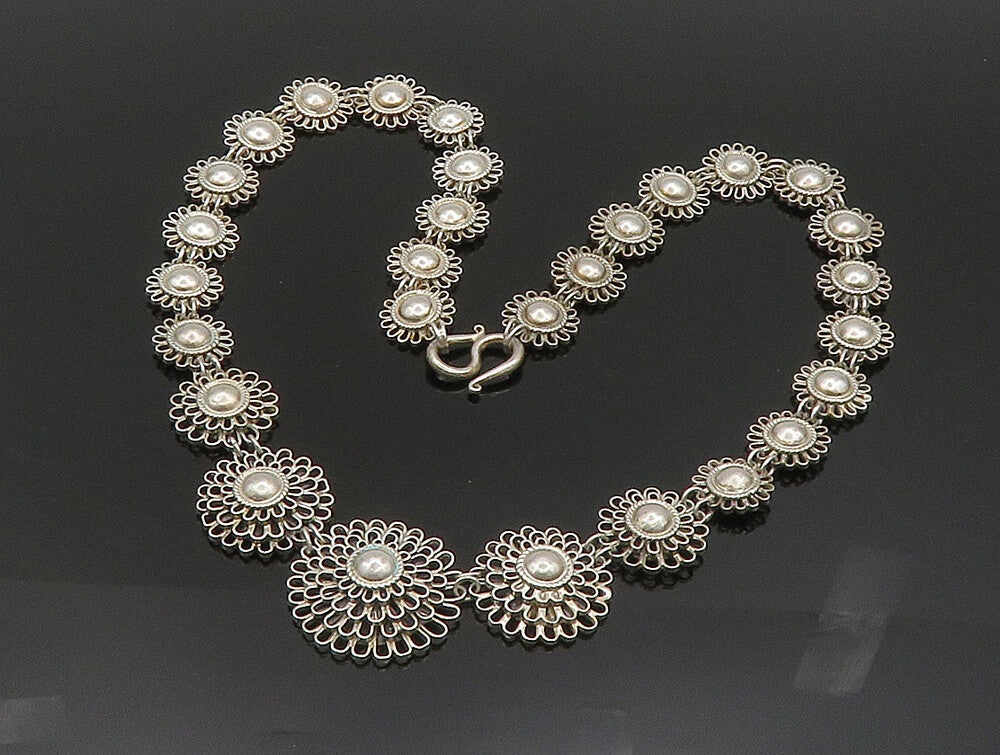 925 Sterling Silver  Vintage Graduated Wire Flower Link Necklace  NE3821