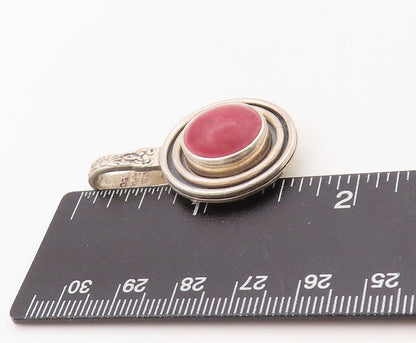925 Sterling Silver Vintage Tie Clip Floral Carved Red Gemstone Grooved  TR3810