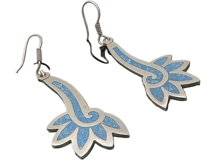 MEXICO 925 Sterling Silver  Vintage Crushed Turquoise Dangle Earrings  EG5638