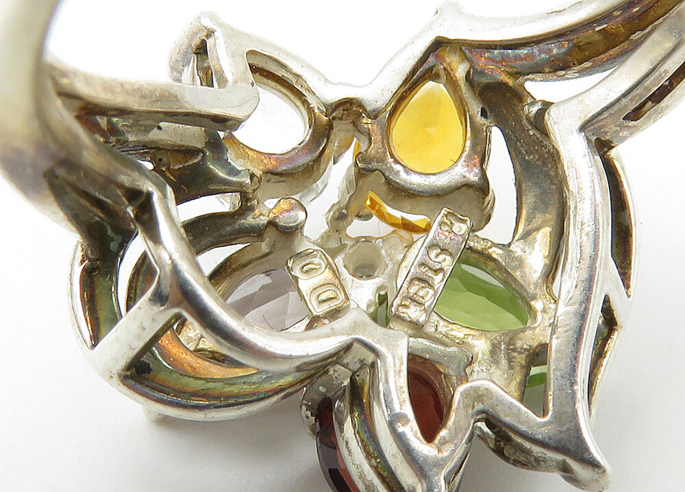 925 Silver  Vintage Peridot Citrine Garnet & Topaz Band Ring Sz 6  RG21523