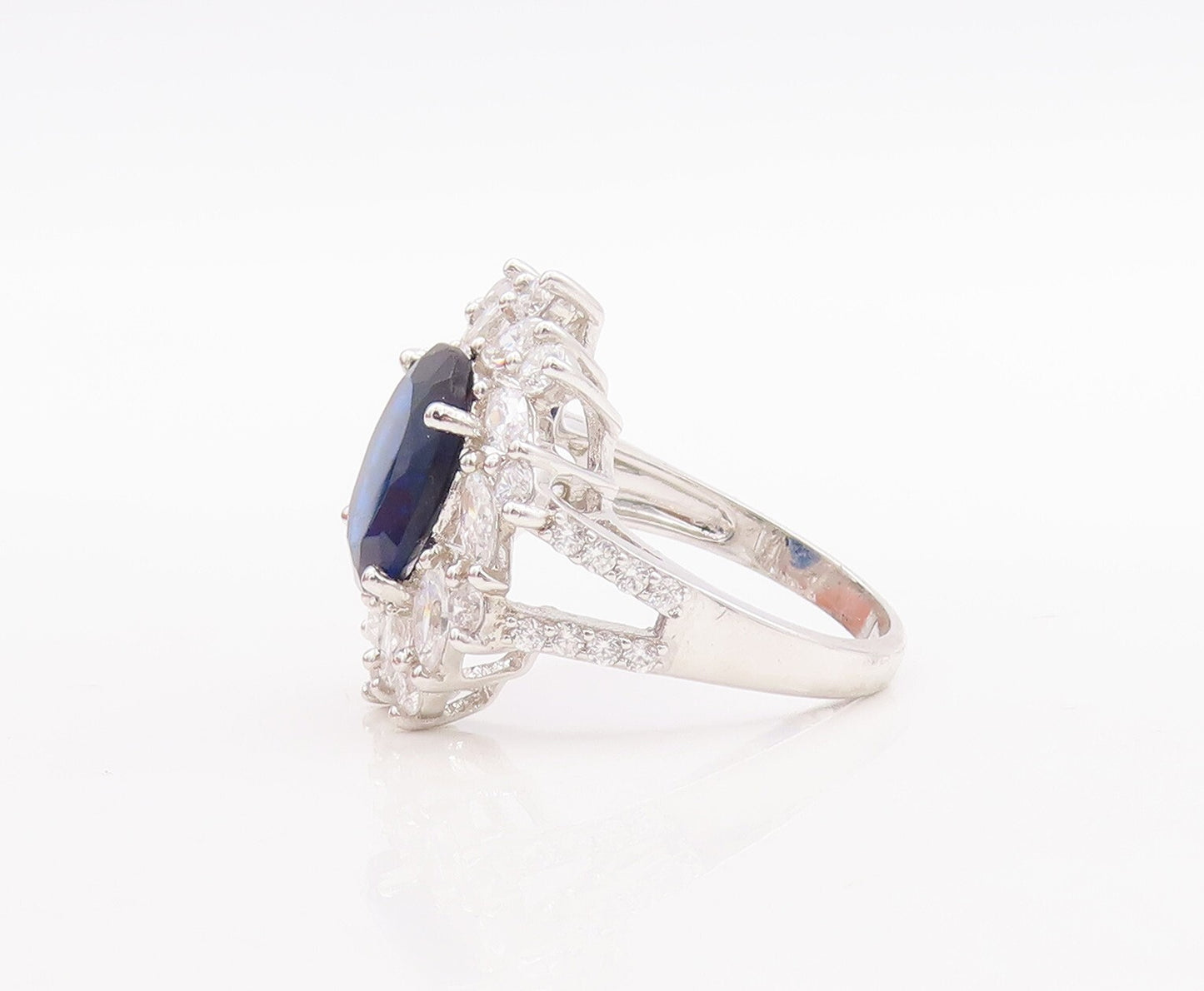925 Sterling Silver Vintage Ring Sapphire Marquise Cut CZ Flower  Sz 8  RG29536