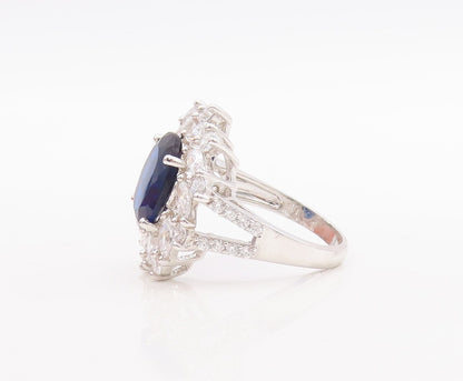 925 Sterling Silver Vintage Ring Sapphire Marquise Cut CZ Flower  Sz 8  RG29536