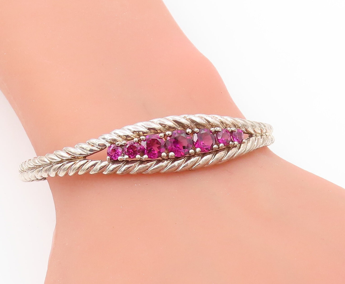 925 Sterling Silver Vintage Bracelet Designer Round Pink CZ Roped Cuff  BT11067