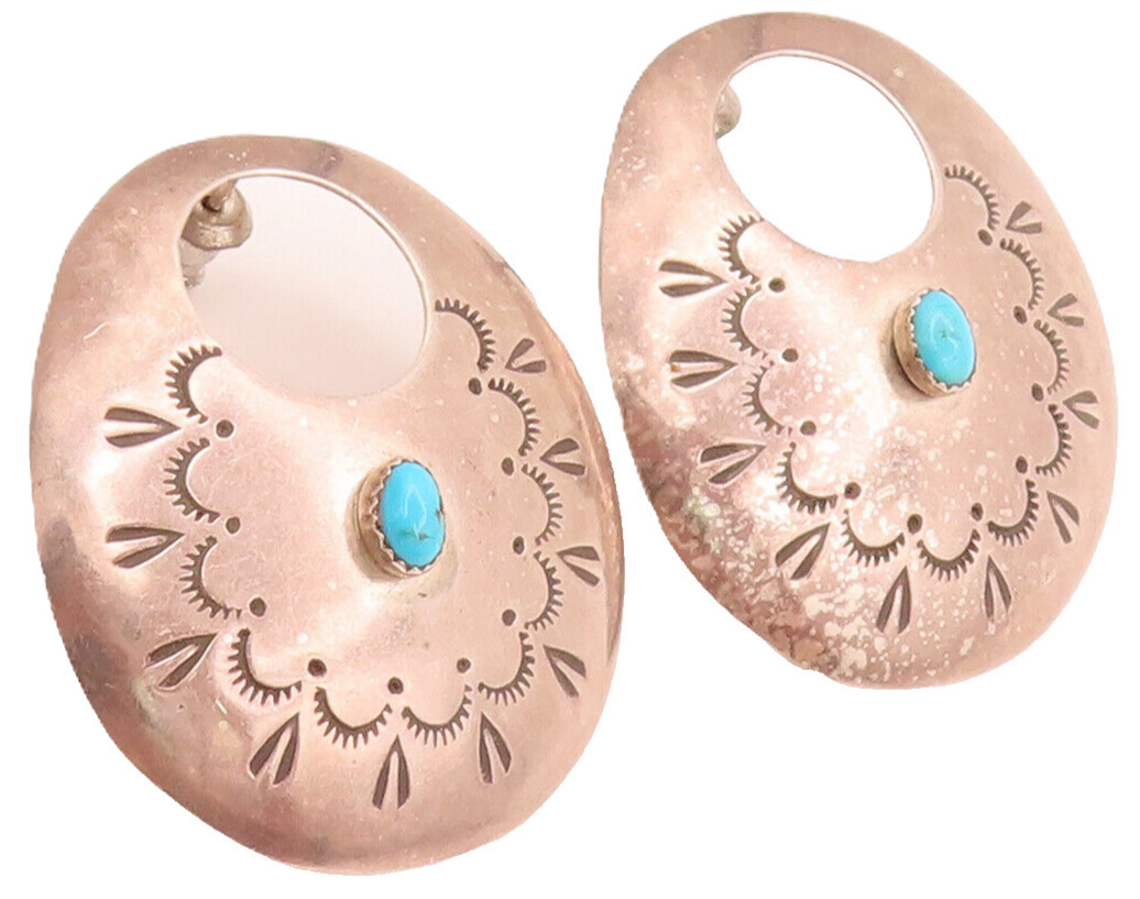 NAVAJO 925 Silver  Vintage Carved Handmade Design & Turquoise Earrings EG12439