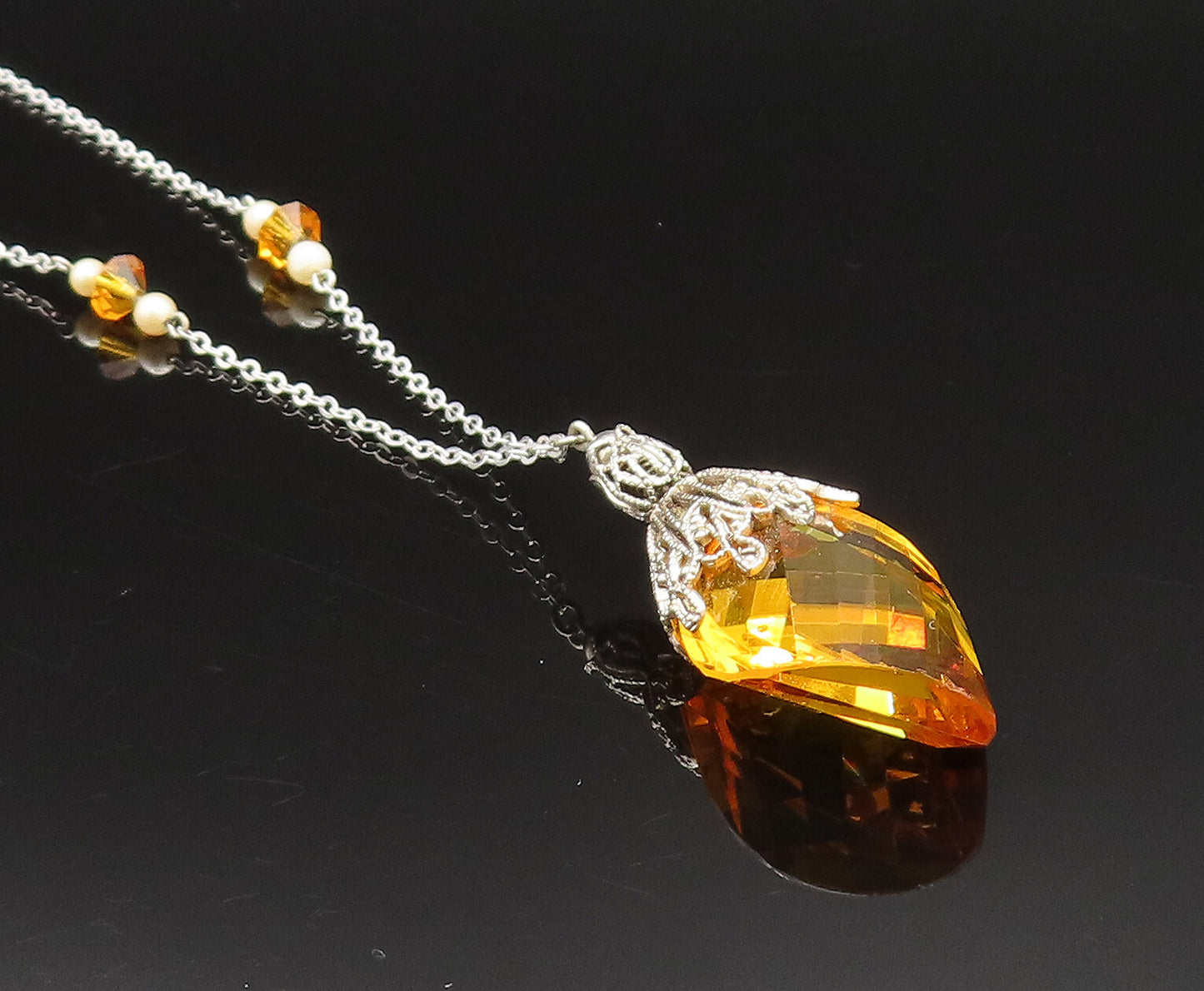 925 Sterling Silver  Vintage Twisted Citrine & Cultured Pearl Necklace  NE3900